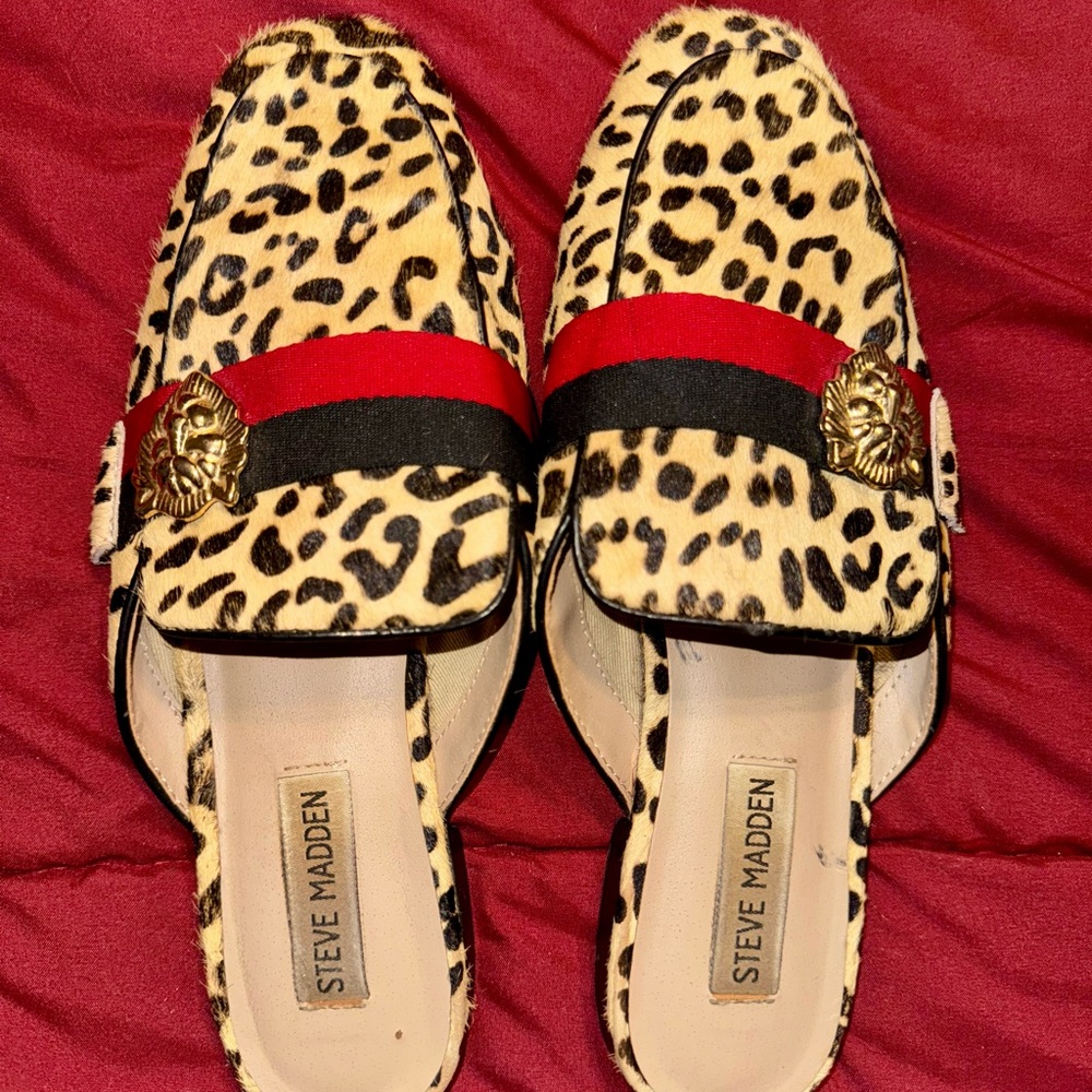 Steve Madden Leopard Print Mules with Red and Black Stripes